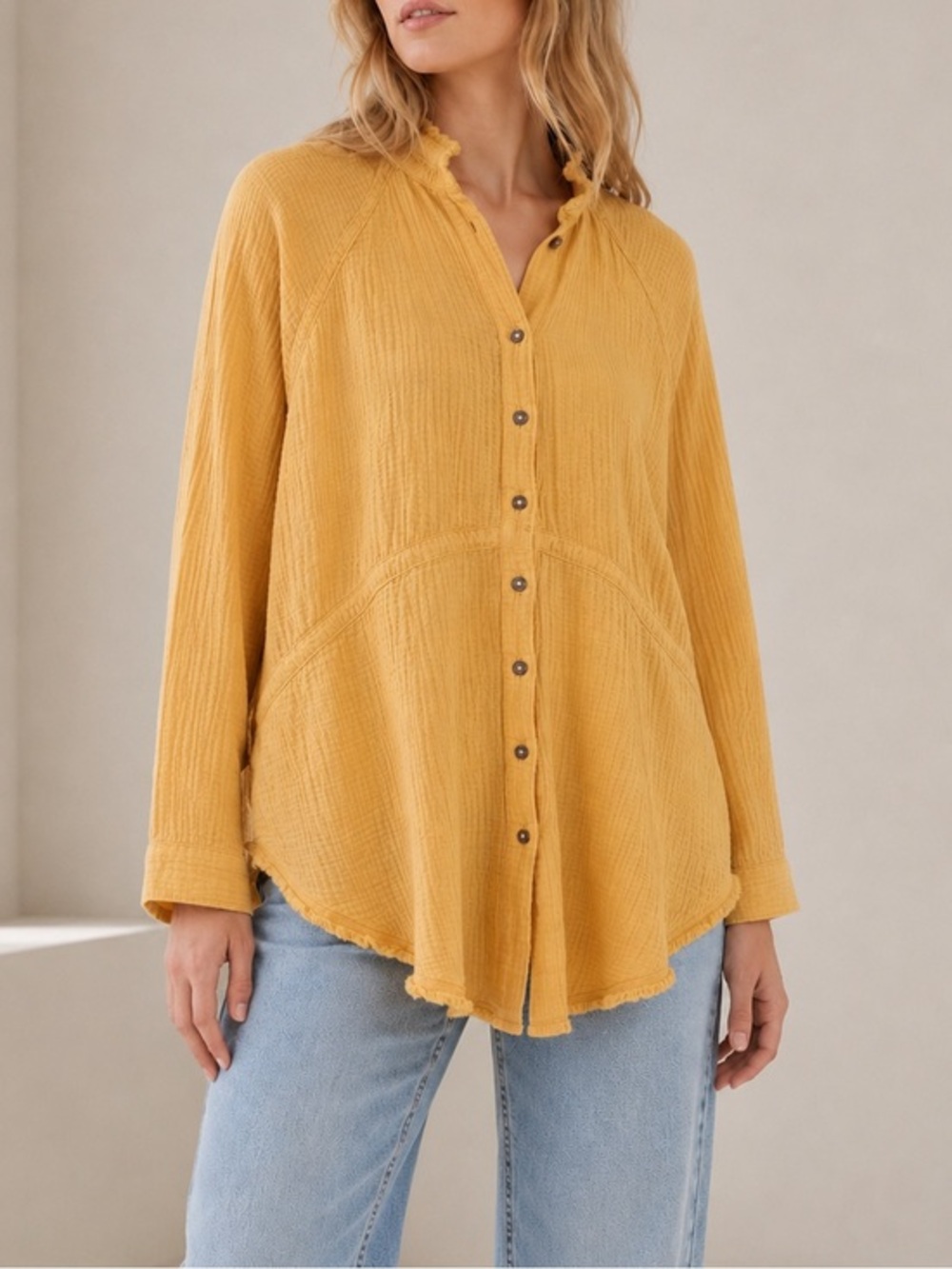 Free People We The Free Oversized Gauze Button Down Top Yellow Boho Shirt